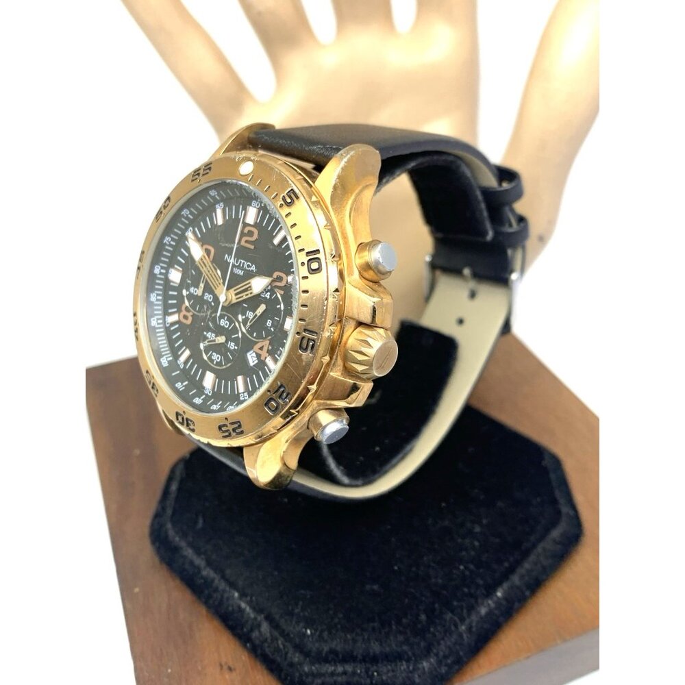 Nautica Men's Watch N18523 Quartz Black Dial Rose Gold Tone Leather Band 48mm - Picture 2 of 14